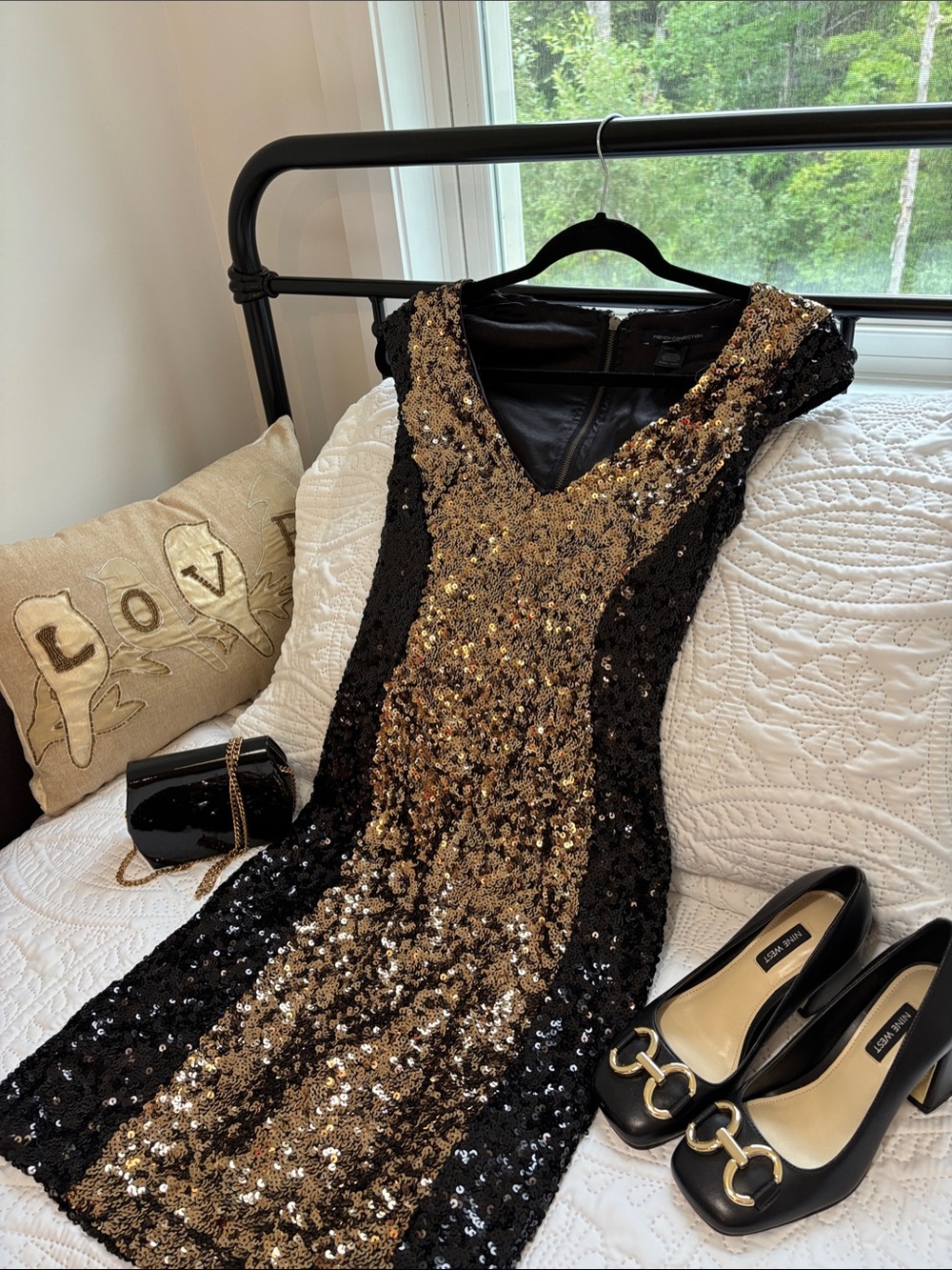 Hollywood Glam Black and Gold Sequin V-Neck Midi Dress